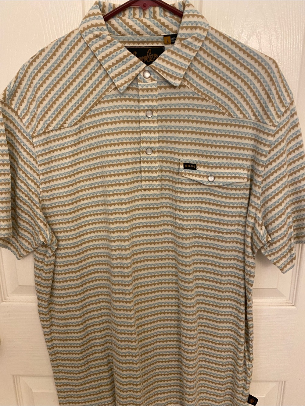 Howler Brothers Short Sleeve Polo in Cream, Light Blue and Tan Zigzag